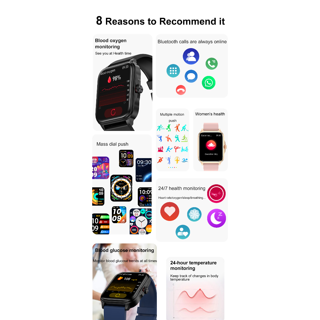 Đồng hồ thông minh theo dõi lượng đường huyết mã HQT90 1.91 Inch, tỉ lệ chính xác đạt 85-95%, model 2023