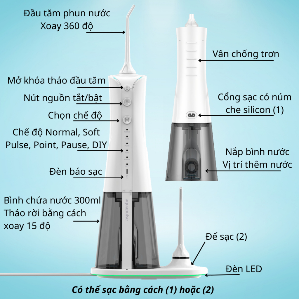 Máy tăm nước Aquapulse Oral Irrigator cầm tay 300ml, chống nước IPX7