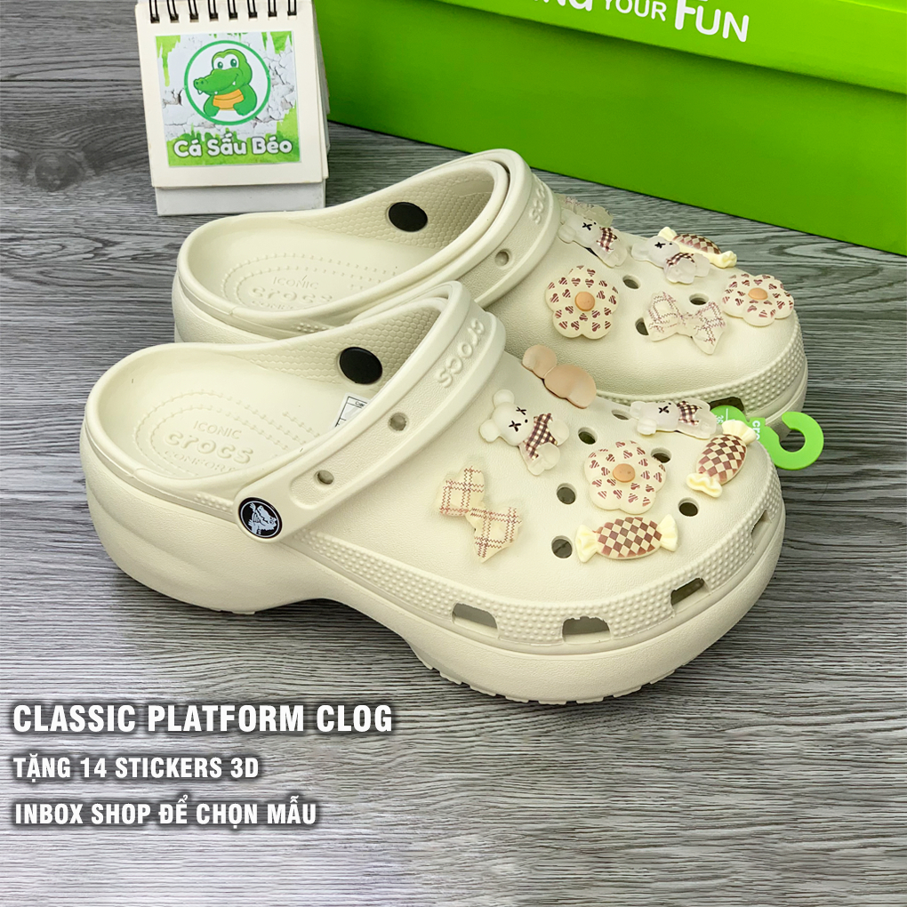 Dép sục cross classic platform màu Kem, Be,Bone color unisex đế cao 4.5cm tặng kèm 12 stickers 3D full tag