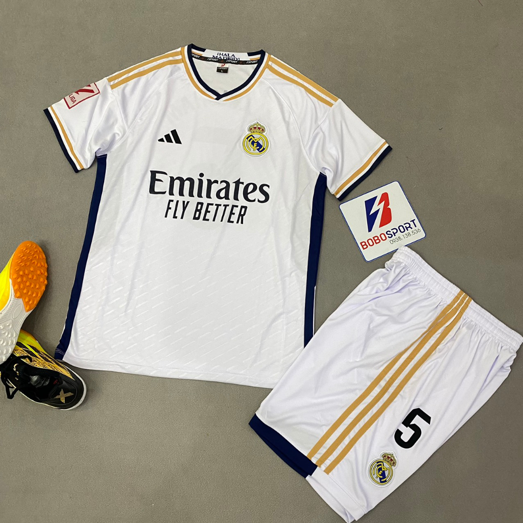 Bộ quần áo bóng đá Real trắng in tên BELLINGHAM số 5 font Laliga