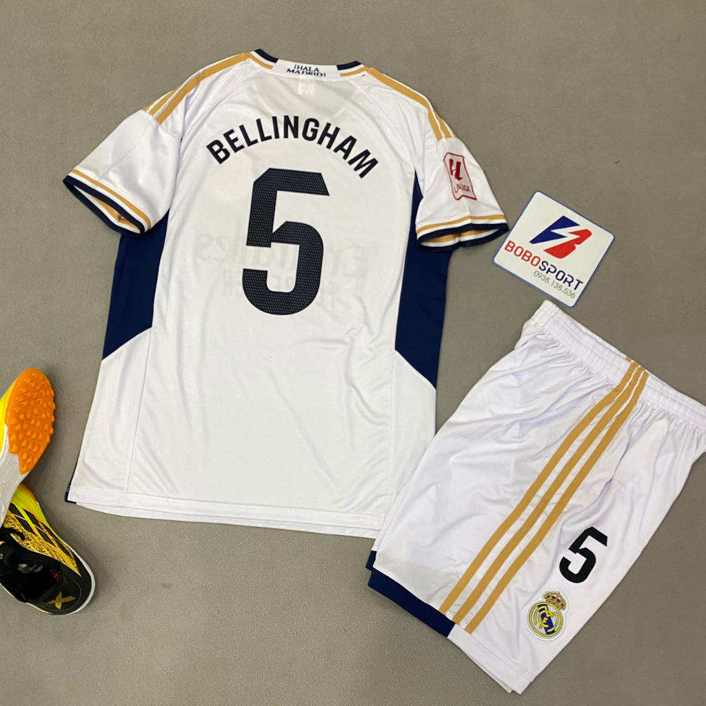 Bộ quần áo bóng đá Real trắng in tên BELLINGHAM số 5 font Laliga