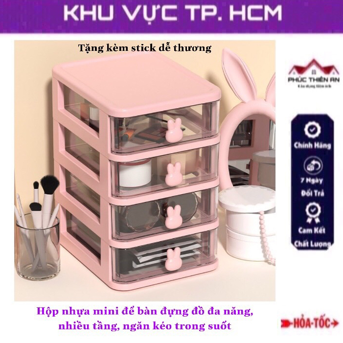 Hộp nhựa mini để bàn đựng đồ đa năng nhiều tầng, ngăn kéo trong suốt - tặng kèm stick dễ thương