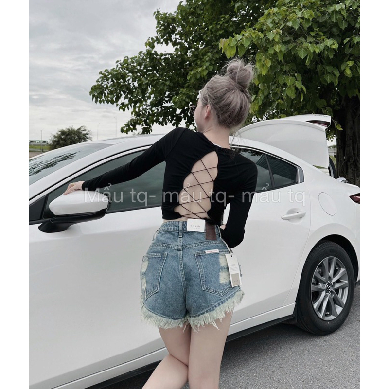 áo thun tay dài khoét lưng đan dây Qc