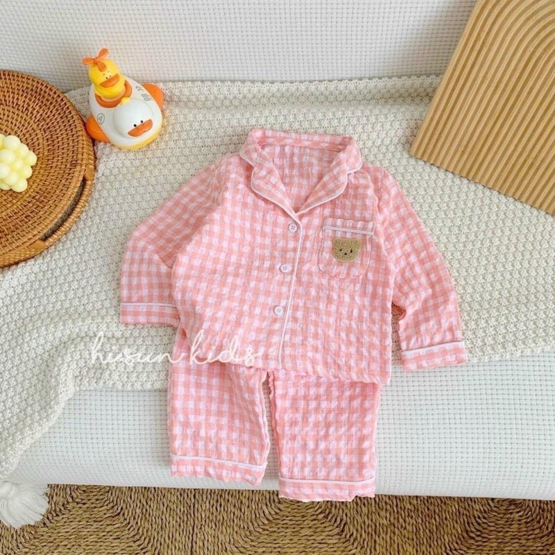 Bộ Pijama cho bé trai bé gái size 10-30kg hoạ tiết caro, đồ ngủ dài tay thu đông cho bé chất đũi xốp loại 1