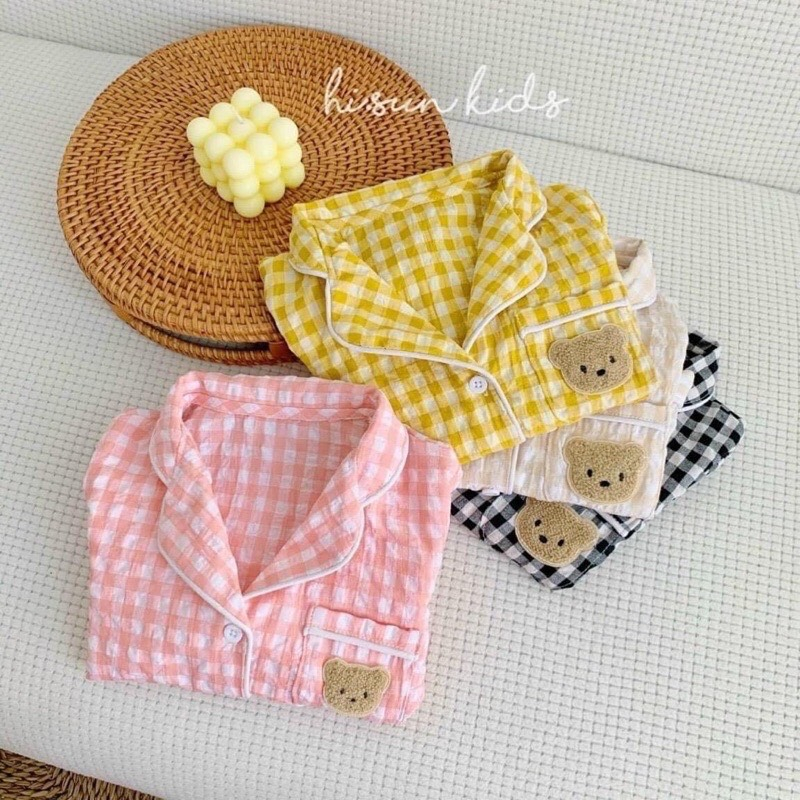 Bộ Pijama cho bé trai bé gái size 10-30kg hoạ tiết caro, đồ ngủ dài tay thu đông cho bé chất đũi xốp loại 1