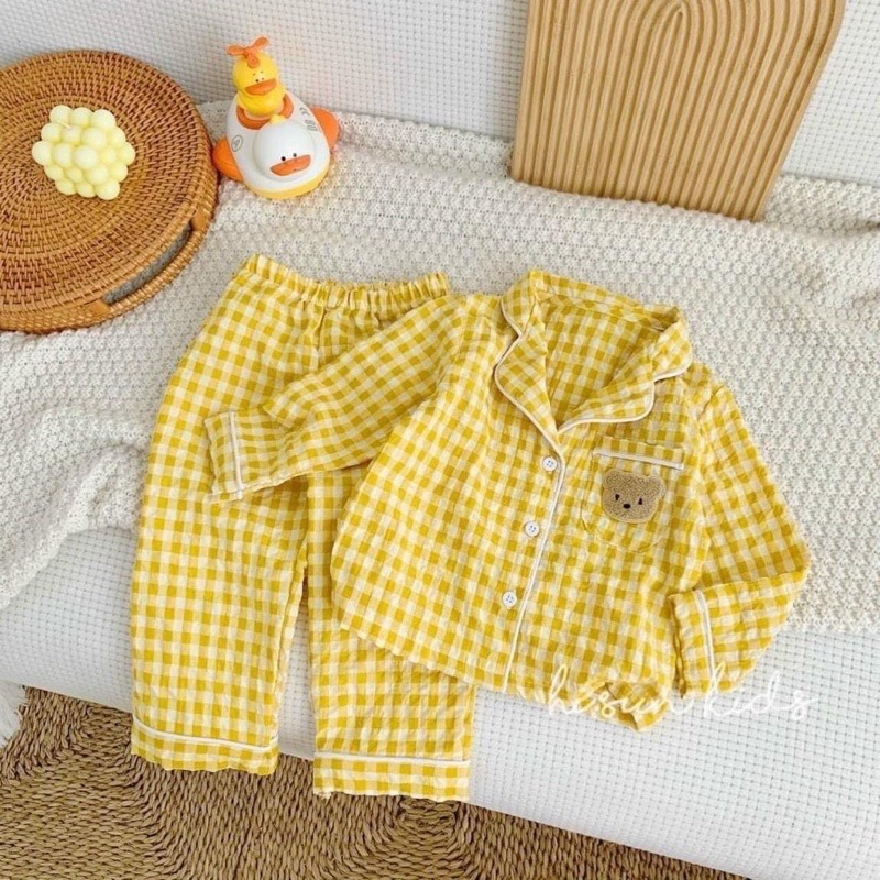 Bộ Pijama cho bé trai bé gái size 10-30kg hoạ tiết caro, đồ ngủ dài tay thu đông cho bé chất đũi xốp loại 1