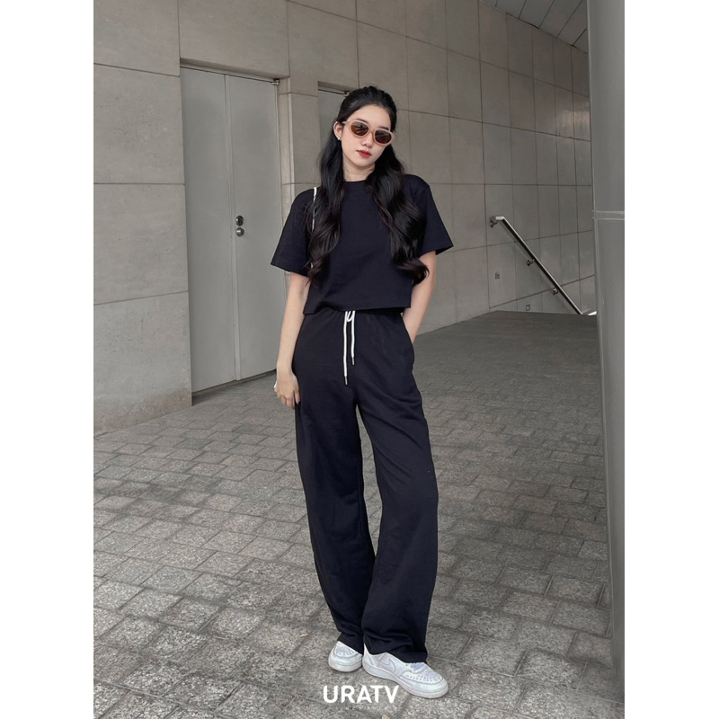 Quần jogger ống rộng dáng suông nỉ da cá