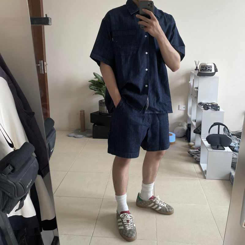 Bộ quần và áo hãng hàn quốc con.vernat chính hãng form boxy fit thoải mái trendy màu denim-đen-be-caro