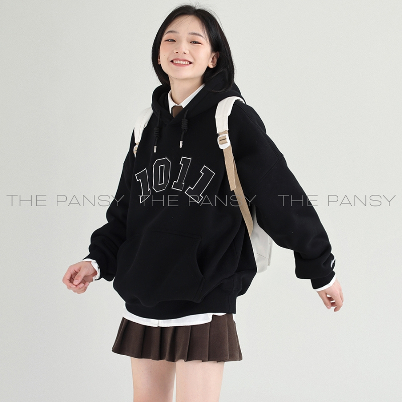 Áo hoodie DESSUU màu đen lót bông logo thêu MÃ 065