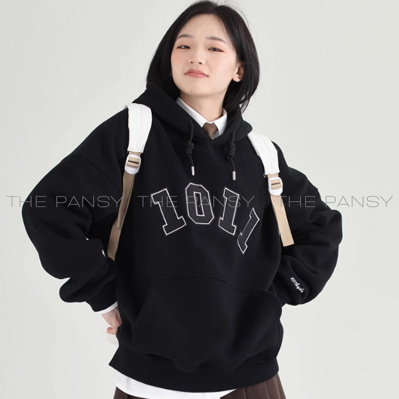 Áo hoodie DESSUU màu đen lót bông logo thêu MÃ 065