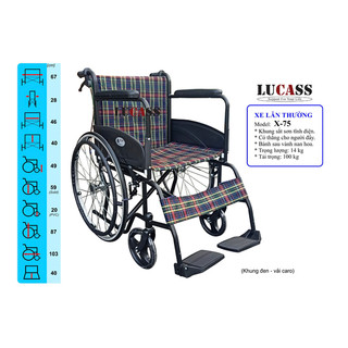 [Hỏa tốc - Sẵn ship] Xe Lăn Có Phanh Lucass X75 (X75J), xe lăn Lucass X75 khung đen và khung xám