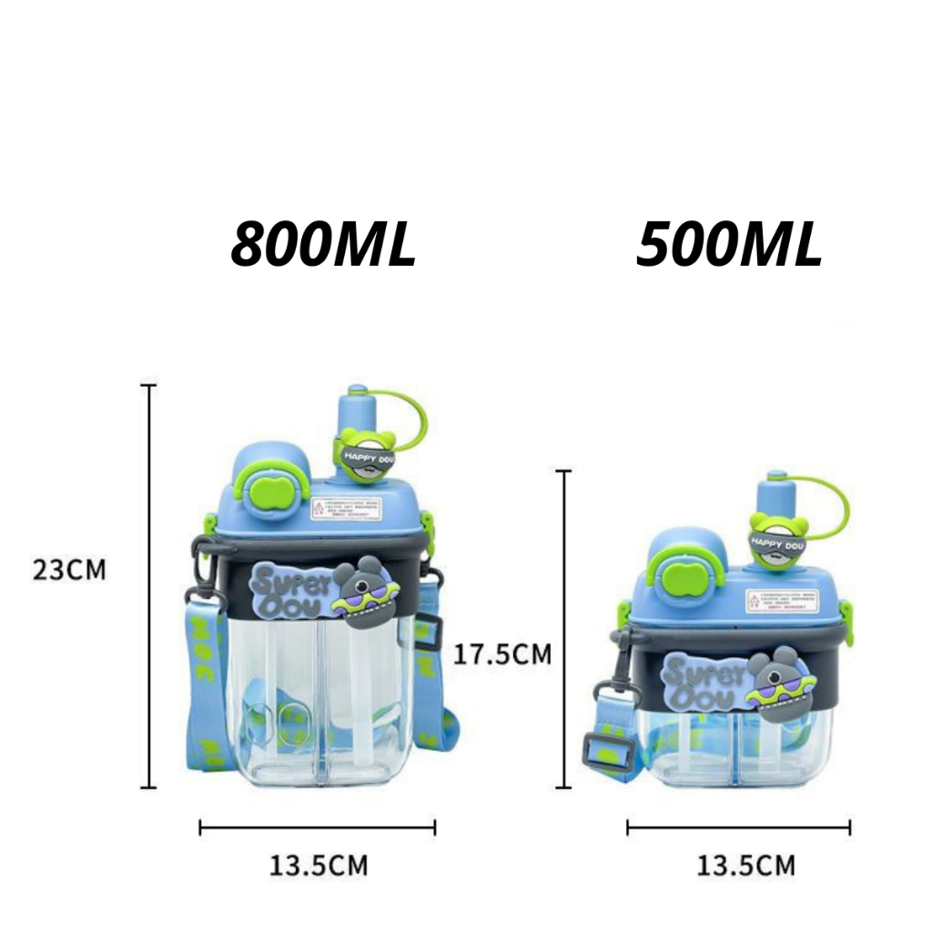Bình Nước 2 Ngăn Cute Cho Bé,  Bình đựng nước chia ngăn có quai đeo kèm ống hút, Sticker 3D 2023 NEW