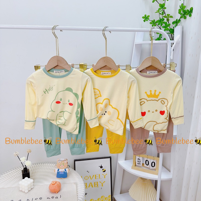 Bộ dài tay thun lạnh cho bé trai bé gái nền kem in hoa động vật