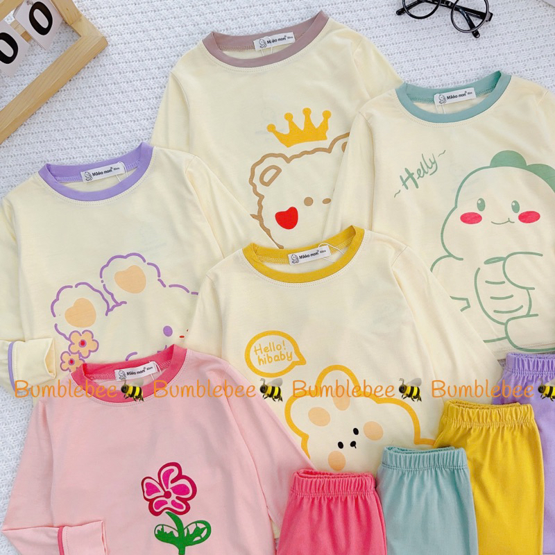 Bộ dài tay thun lạnh cho bé trai bé gái nền kem in hoa động vật