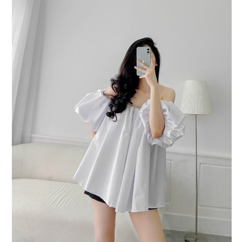 Áo trễ vai babydoll trắng new 95