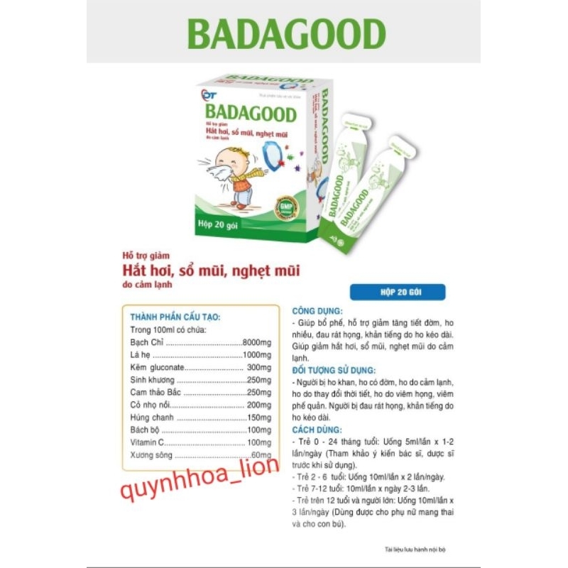Siro Giảm Ho, Hắt Hơi, Sổ Mũi, Nghẹt Mũi BADAGOOD_ Hộp 20 gói