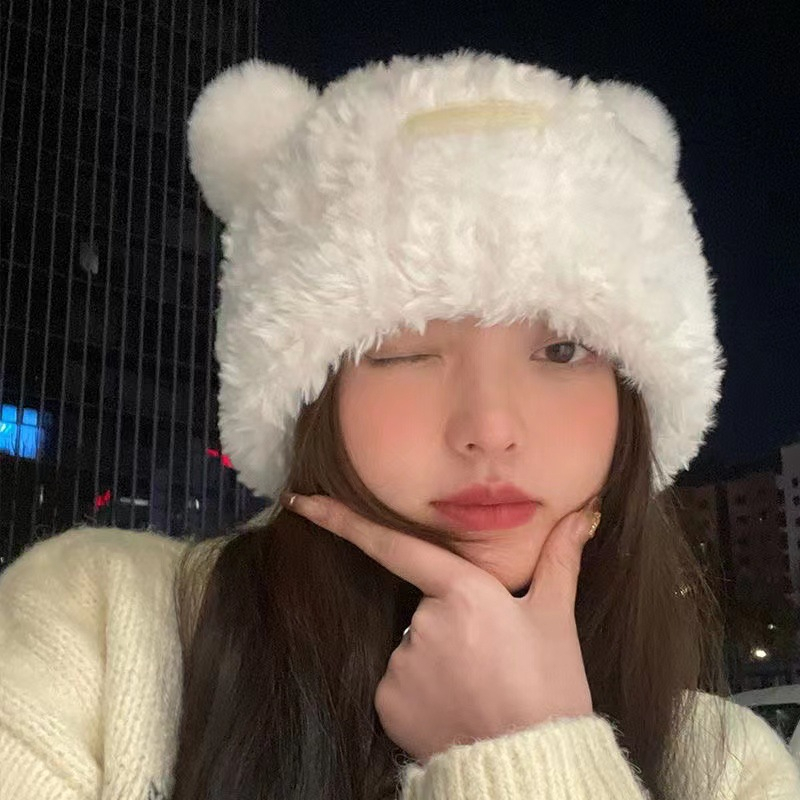 Mũ len tai gấu nhỏ dễ thương cho nữ mùa thu đông, mũ len mềm mại, mũ len trùm đầu.