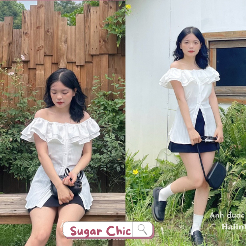 Áo Trễ Vai Phối Bèo Dáng Dài Cài Nút , Áo Sơmi Kiểu Nữ Dài Tay Trễ Vai Siêu nữ tính, Áo Trễ Vai Bèo cột eo Hàn Quốc