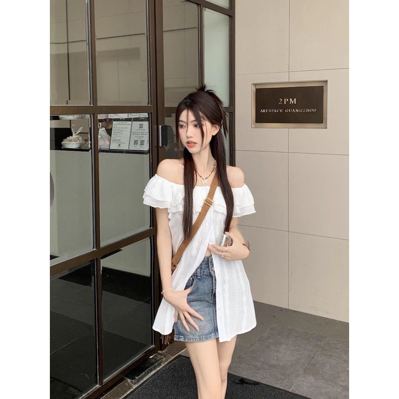Áo Trễ Vai Phối Bèo Dáng Dài Cài Nút , Áo Sơmi Kiểu Nữ Dài Tay Trễ Vai Siêu nữ tính, Áo Trễ Vai Bèo cột eo Hàn Quốc