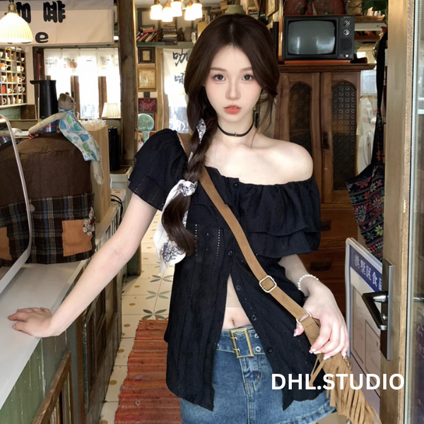 Áo Trễ Vai Phối Bèo Dáng Dài Cài Nút , Áo Sơmi Kiểu Nữ Dài Tay Trễ Vai Siêu nữ tính, Áo Trễ Vai Bèo cột eo Hàn Quốc