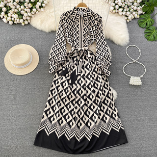 #3860 [Order] Đầm sơ mi dài tay họa tiết retro thanh lịch kèm dây buộc eo