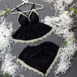 Bộ ngủ lụa sexy có mút pha ren vải phi lụa mềm form 35-53kg