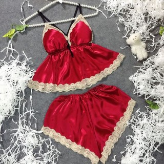 Bộ ngủ lụa sexy có mút pha ren vải phi lụa mềm form 35-53kg