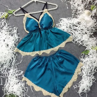 Bộ ngủ lụa sexy có mút pha ren vải phi lụa mềm form 35-53kg