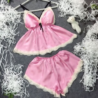 Bộ ngủ lụa sexy có mút pha ren vải phi lụa mềm form 35-53kg