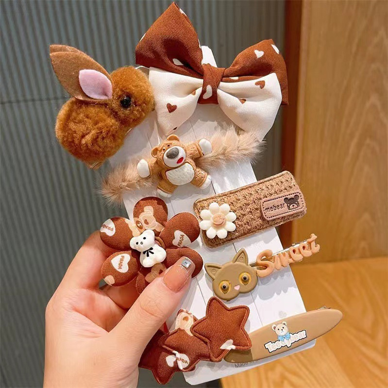 Set bộ 10 kẹp mái lông bản to màu nâu trà siêu dễ thương KM 08