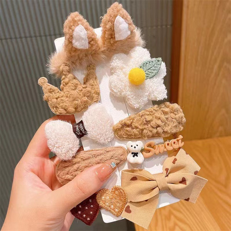 Set bộ 10 kẹp mái lông bản to màu nâu trà siêu dễ thương KM 08