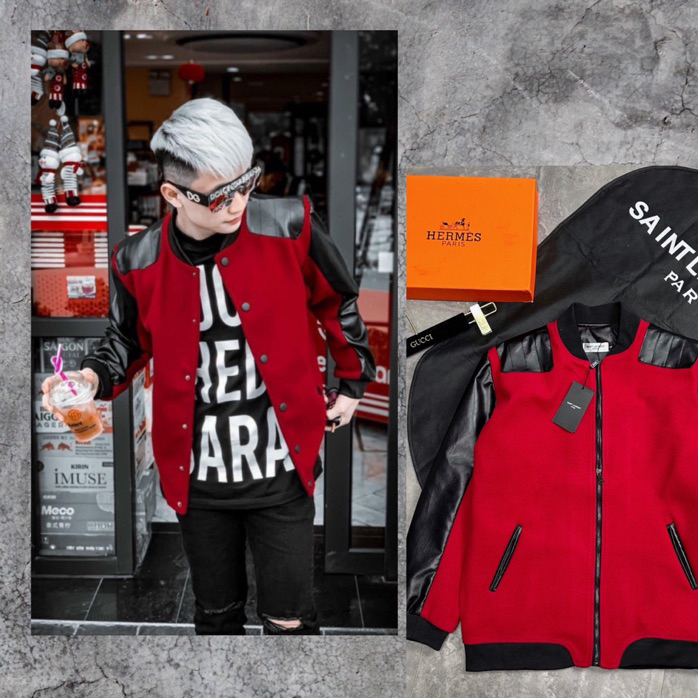 Áo khoác teddy đỏ phối tay vai da màu đen,áo khoác bomber teddy đỏ phối vai viền đen bản vải dạ cao cấp