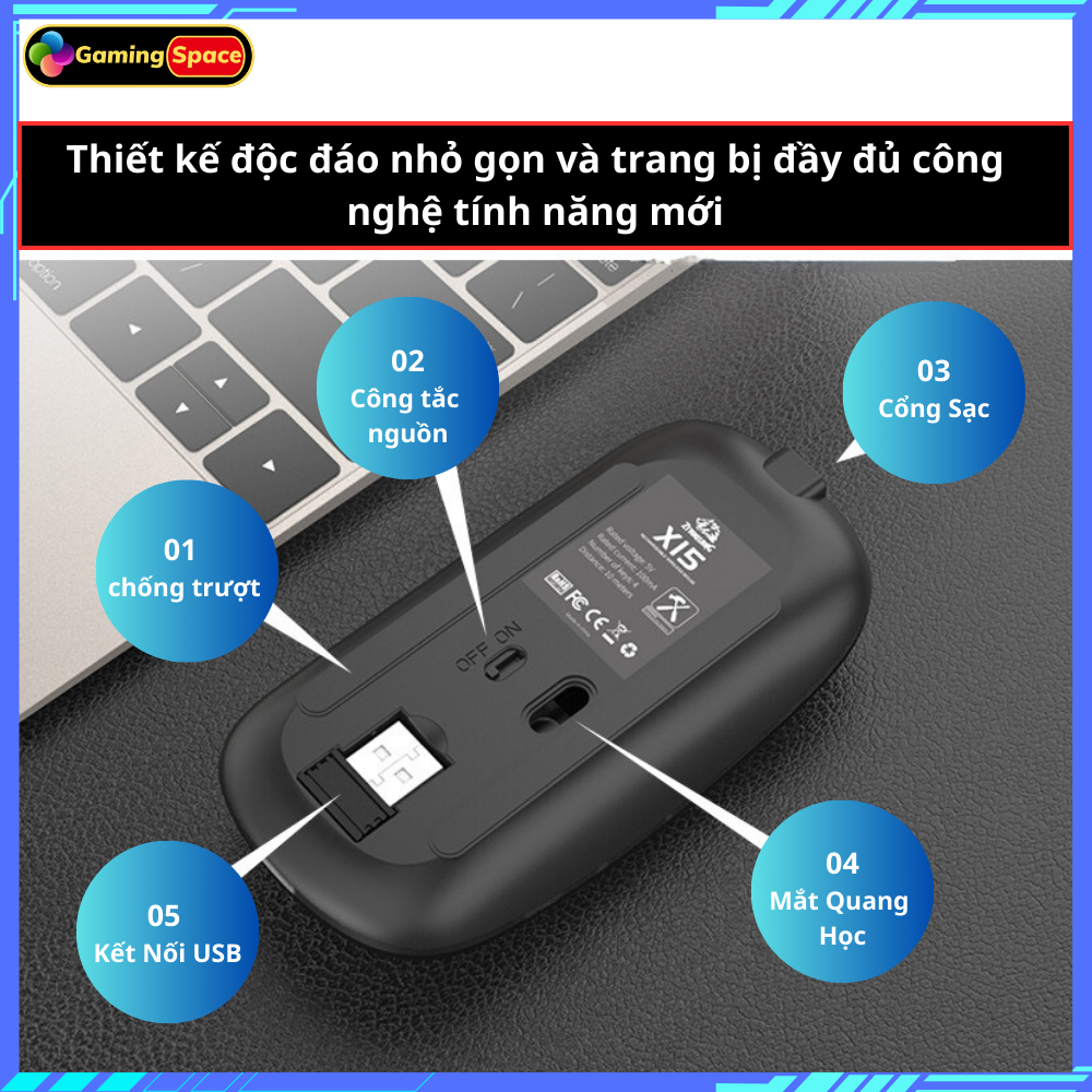 Chuột Không Dây Bluetooth X15 Pin sạc siêu mỏng Led RGB , chơi game và làm văn phòng