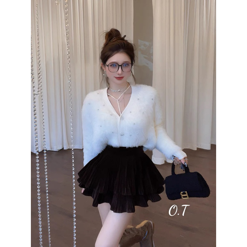 Áo cardigan len lông thỏ đính đá QC siêu xinhh