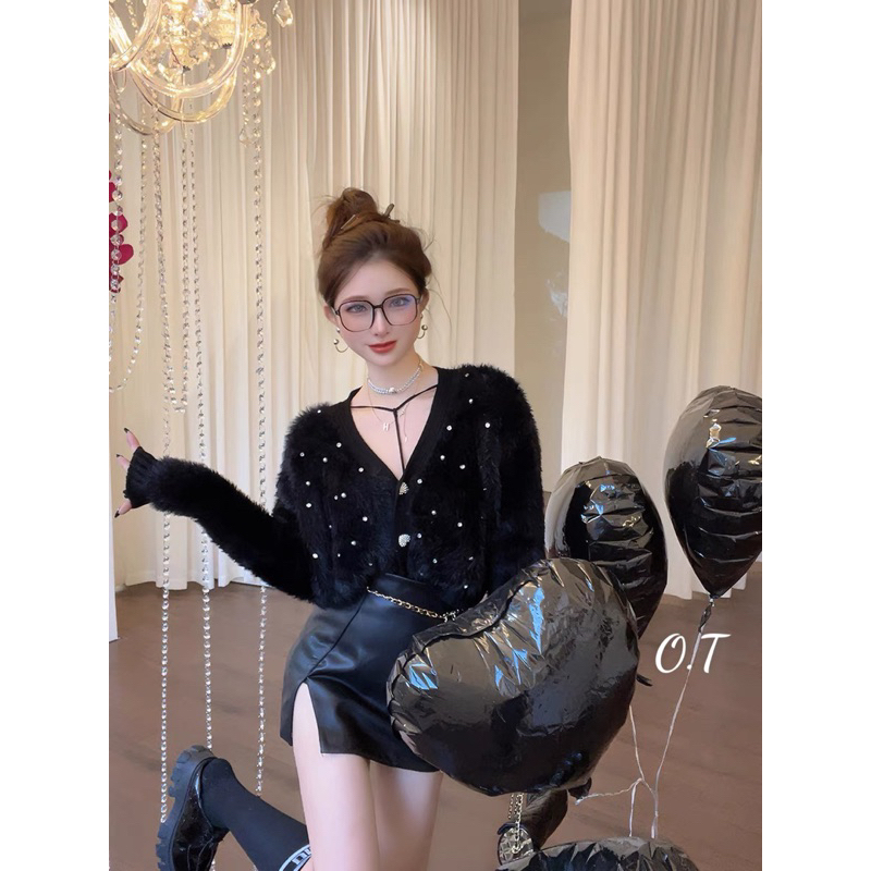 Áo cardigan len lông thỏ đính đá QC siêu xinhh