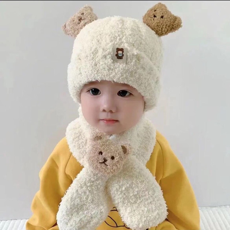 SÉT NÓN LEN KÈM KHĂN CỔ TAI HÌNH GẤU CHO BÉ TRAI BÉ GÁI