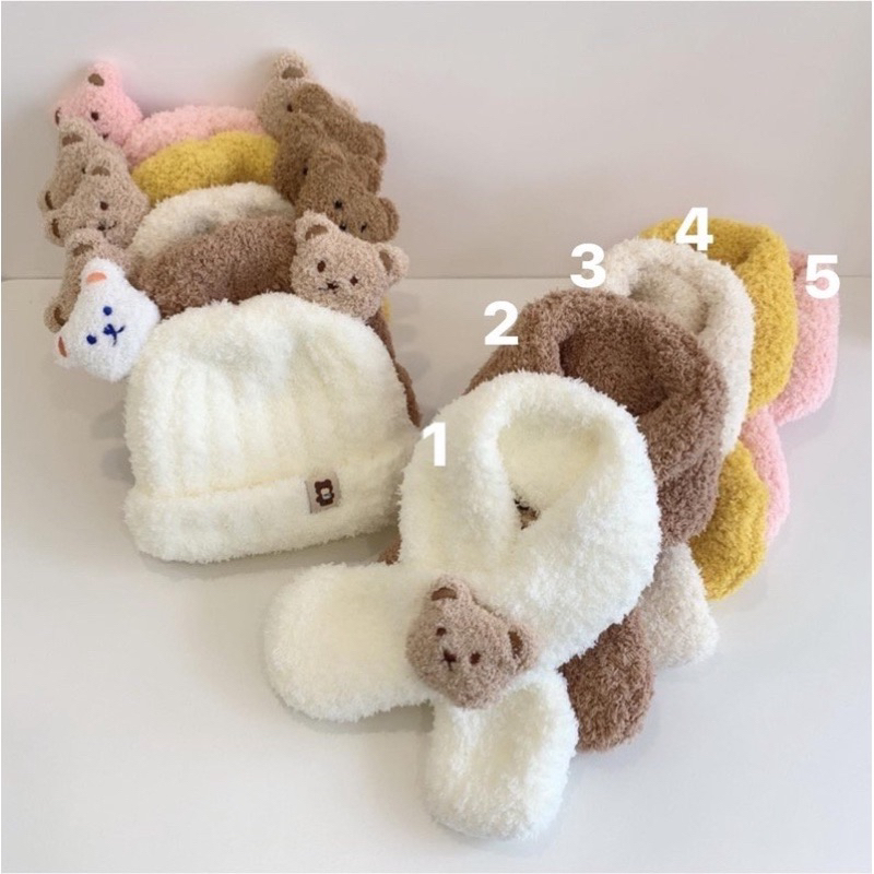 SÉT NÓN LEN KÈM KHĂN CỔ TAI HÌNH GẤU CHO BÉ TRAI BÉ GÁI