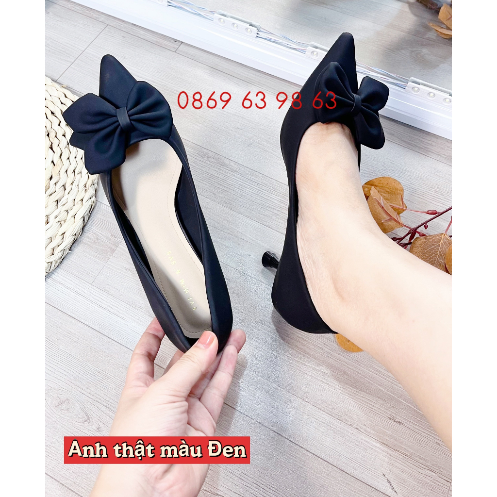 Sẵn_Giầy cao gót đế 3 phân, tag nơ nữ tính, hàng Quảng Châu