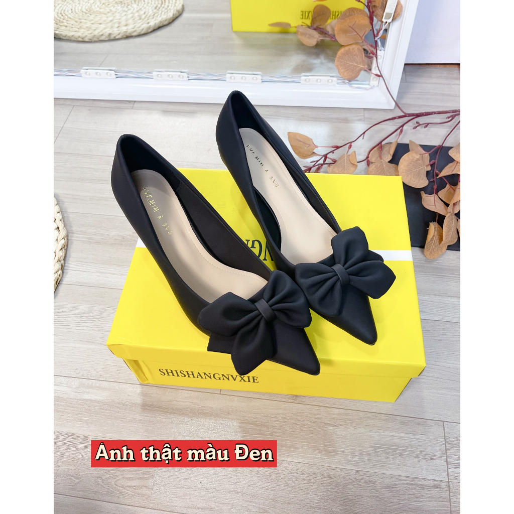 Sẵn_Giầy cao gót đế 3 phân, tag nơ nữ tính, hàng Quảng Châu