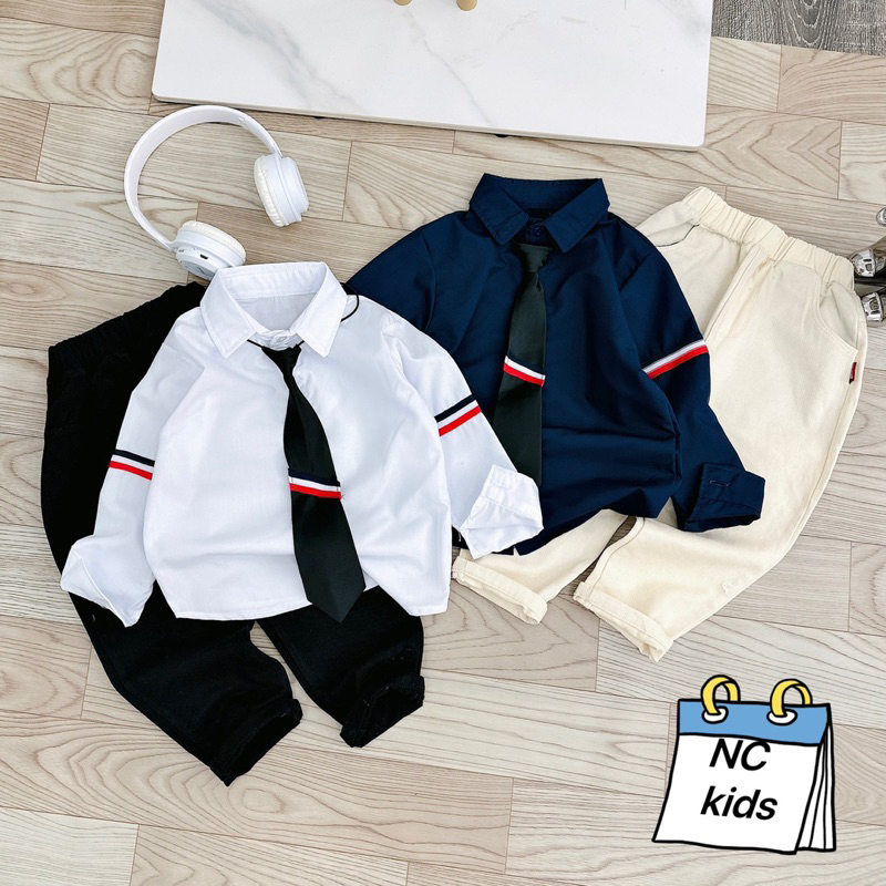 Sét bộ áo sơ mi dài tay phối quần kaki dài mềm cho bé trai