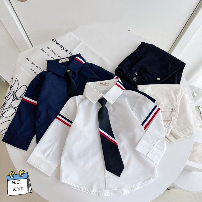 Sét bộ áo sơ mi dài tay phối quần kaki dài mềm cho bé trai