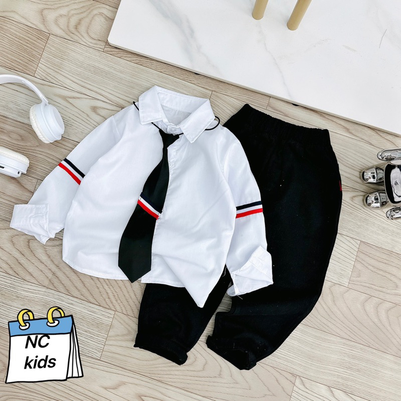 Sét bộ áo sơ mi dài tay phối quần kaki dài mềm cho bé trai