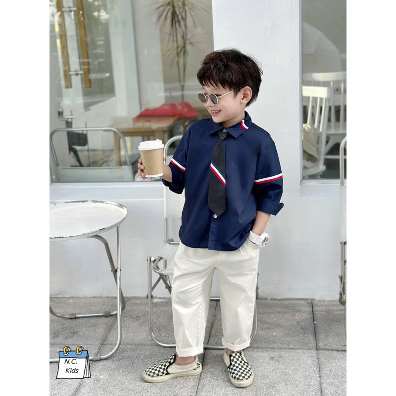 Sét bộ áo sơ mi dài tay phối quần kaki dài mềm cho bé trai