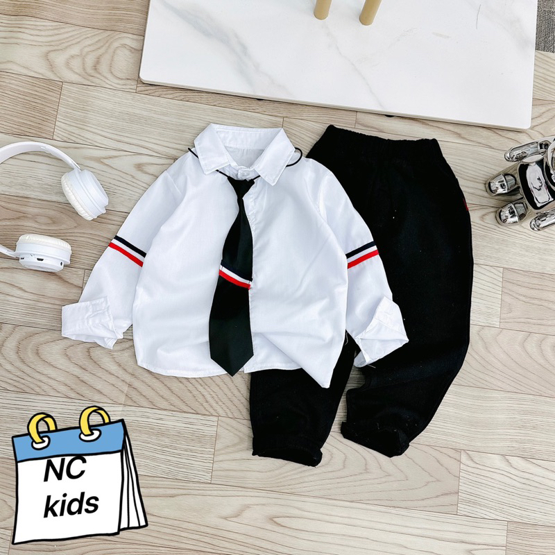 Sét bộ áo sơ mi dài tay phối quần kaki dài mềm cho bé trai