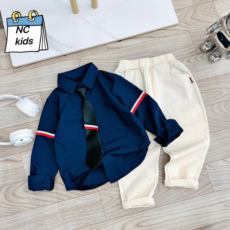 Sét bộ áo sơ mi dài tay phối quần kaki dài mềm cho bé trai