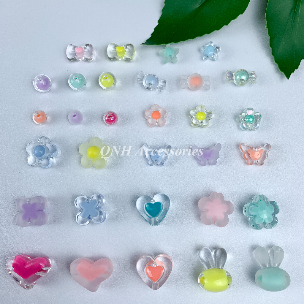 Gói 10g hạt nhựa trong màu nhân hình tròn, ngôi sao, viên kẹo dùng làm vòng tay, vòng cổ, làm trang sức thủ công DIY