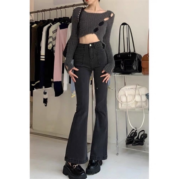 Quần jeans nữ ống loe, quần bò nữ ống loe màu đen xám lưng cao phối 2 túi vuông mặt trước siêu HOT HT 13