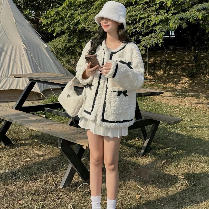 Áo Khoác Lông 4 Túi Nơ 2 Lớp Siêu Ấm,  Áo Khoác Mùa Đông Ấm Áp