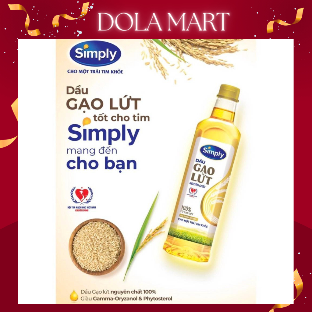 Dầu ăn gạo lứt simply chai 1L, dầu rán, chiên, xào