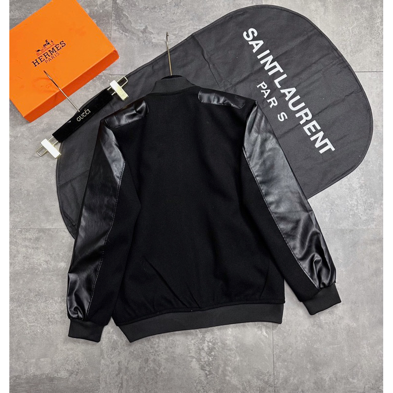 Áo Bomber Phối Vai Da, áo khoác phong cách Hoàng gia phối tay da hàn quốc trẻ trung năng động